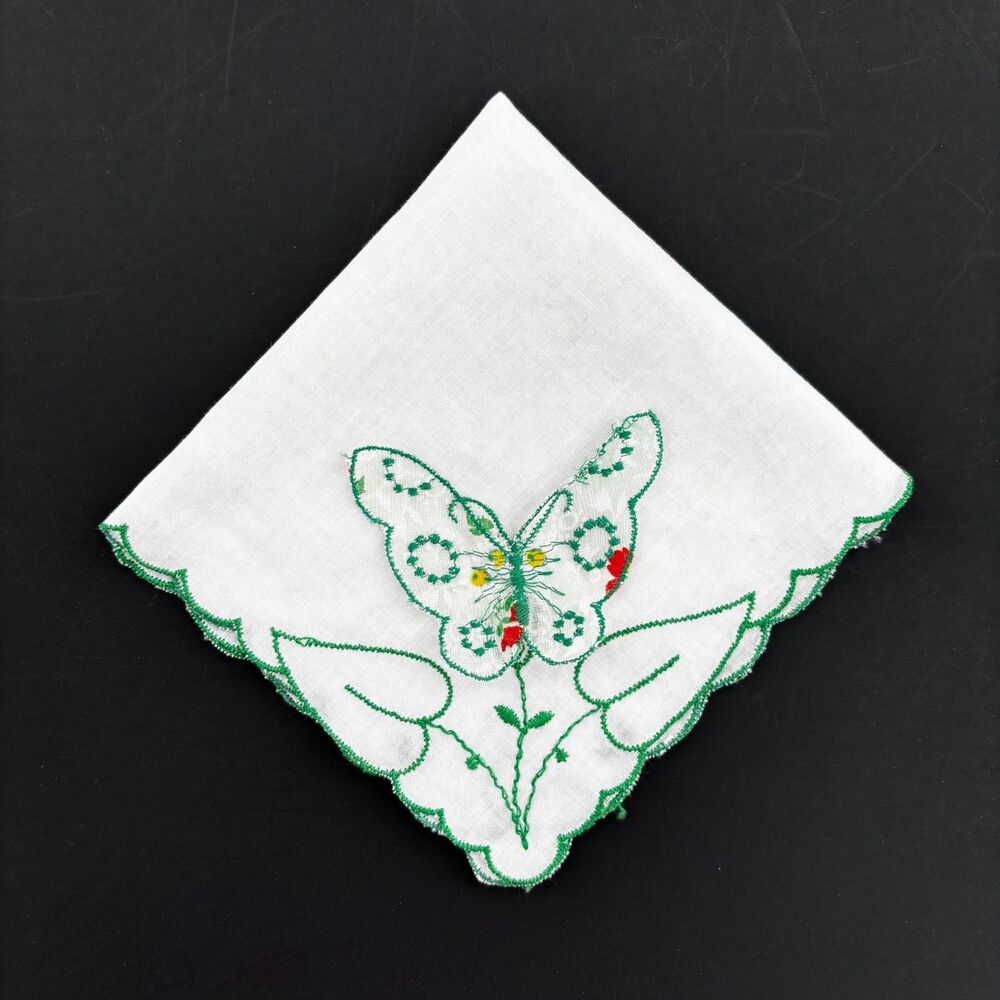 Heirloom 3D Green Butterfly Wedding Handkerchief Bride Cottage Vintage Feminine